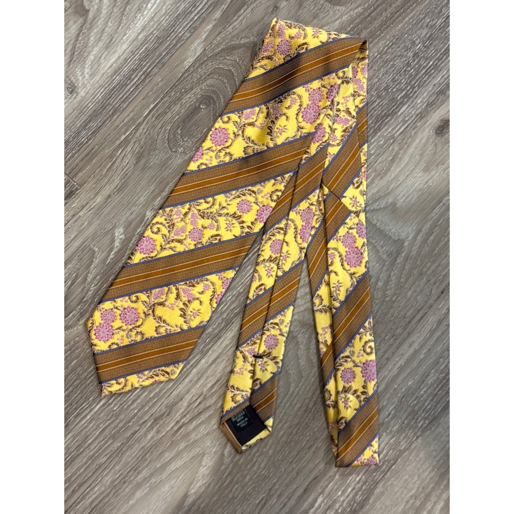 Ermenegildo Zegna Mens Yellow Silk Floral Paisley Striped Tie Made in Italy NWT